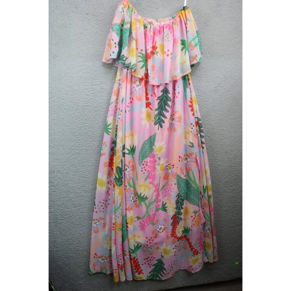 Entro Strapless Babydoll Maxi Dress-Tropical-Beachy-Sheer-Small-Side Slits